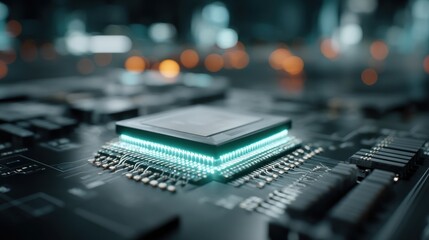 Close-up of a circuit board with a central processing unit, showcasing intricate circuitry and vibrant turquoise illumination.