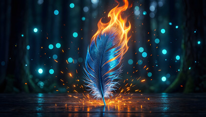 Blue feather on fire with glowing blue orbs burning