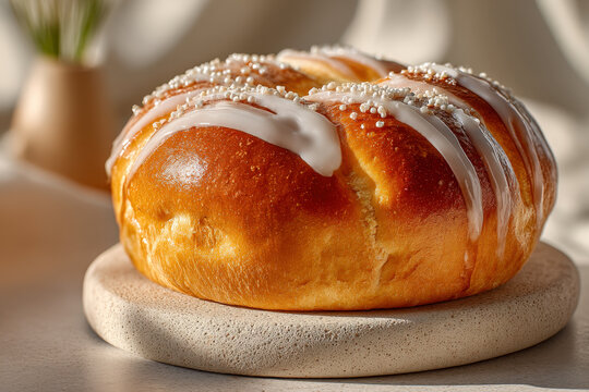 Easter paska bread on stone pedestal with smooth white icing and minimal sprinkles