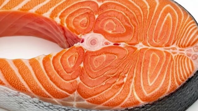 Fresh salmon steak rotation: detailed closeup of vibrant orange fish fillet