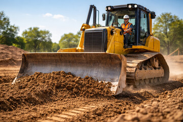 Heavy yellow bulldozer operating on construction site with dirt