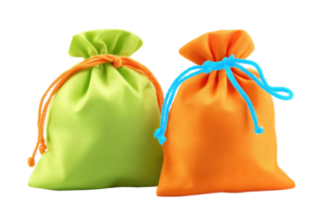 Small fabric gift bags with drawstring closures isolated on transparent background. Two small fabric pouches with drawstrings filled with colorful goods isolated on white background.