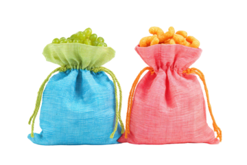 Colorful drawstring gift bags filled with candy isolated on transparent background. Two colorful drawstring pouches filled with small candies isolated on white background.