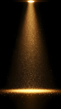 Golden Spotlight Beam Illuminating Glitter Particles on Dark Background
