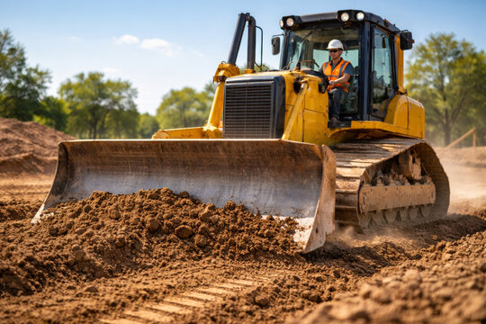 Heavy yellow bulldozer operating on construction site with dirt