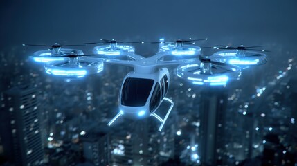 Futuristic white drone-taxi soars above a city at night, showcasing glowing rotors and urban lights.