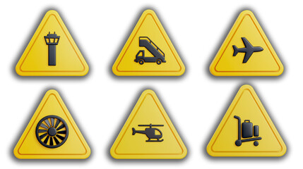Aviation Airport Safety Sign Icons Plane Copter Runway Baggage Tower Ramp Gate