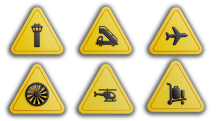 Aviation Airport Safety Sign Icons Plane Copter Runway Baggage Tower Ramp Gate