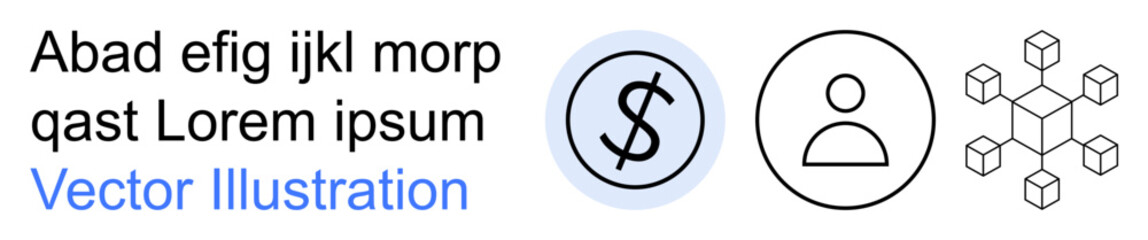 Fototapeta premium Financial systems, user authentication, blockchain network, digital economy, technology, data management. Icons including dollar symbol, user profile and modular block network. Financial systems