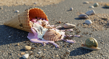 The fallen ice cream cone melts on the asphalt.