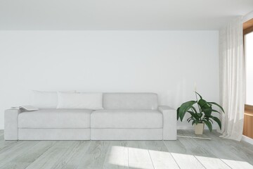 modern room with white sofa,curtains and plant in flowerpot interior design. 3D illustration