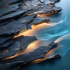 Jagged dark slate rock formations illuminated by warm golden light with ethereal blue wisps of smoke or mist swirling in calm water creating a dramatic abstract natural scene