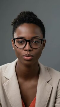 Vertical video: Camera rolling, woman presenting on camera in gray studio, wearing blazer, glasses