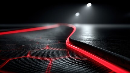 A dark, futuristic platform with red glowing lines and a hexagonal pattern.