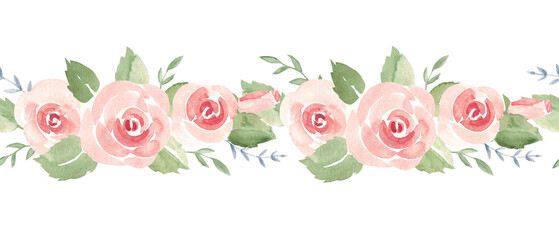 Pink roses horizontal watercolor seamless border pattern. Hand drawn illustration. Can be used for fabric, textile, packaging prints, adhesive tape and paper design. For birthday, wedding and