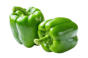 Fresh green bell peppers isolated on transparent background. Two fresh ripe green bell peppers isolated on white background.