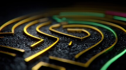 Intricate golden maze lines on a dark textured surface, highlighted by vibrant green and yellow hues, creating a complex and captivating pattern.