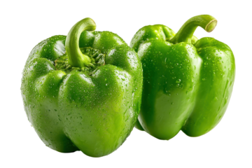 Fresh green bell peppers with water droplets isolated on transparent background. Two fresh green bell peppers isolated on white background.
