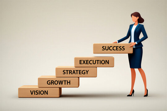 Businesswoman building success ladder with vision, growth, strategy, execution blocks