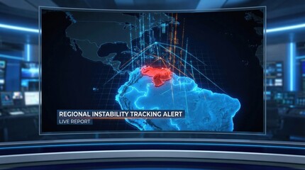 Geopolitical Alert: A digital display illustrates a geographical overview, spotlighting areas of instability with intricate network lines and a vivid color scheme.