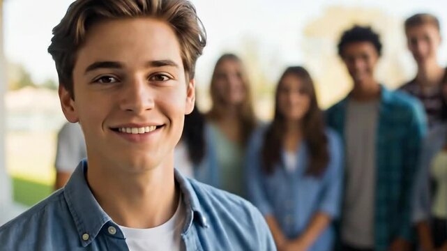 Confident young man standing in focus as smiling friends in background create warm atmosphere