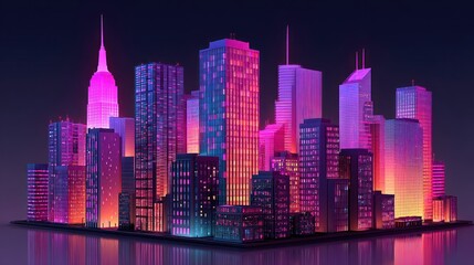 A vibrant, stylized cityscape at night, bathed in glowing neon colors, showcasing modern architectural design and a futuristic mood.