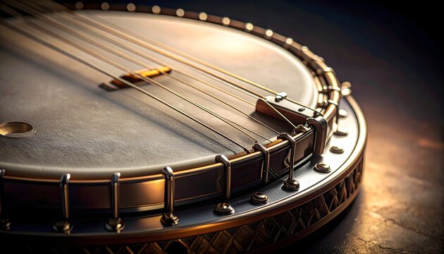 Primer plano de un banjo tradicional con cuerdas y detalles met&aacute;licos iluminados