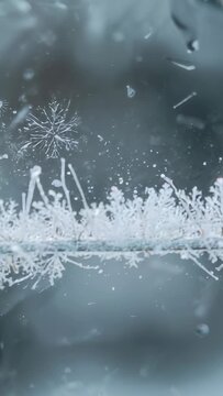 Vertical video: Shining frost wire, breeze shifting, star flake turning and ice drifting in macro