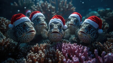 A joyful group of deep-sea anglerfish wearing miniature Santa hats, exchanging bioluminescent gifts at a coral-reef New Year's Eve celebration. Highly detailed and vibrant. Generative AI
