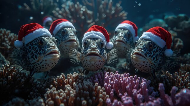 A joyful group of deep-sea anglerfish wearing miniature Santa hats, exchanging bioluminescent gifts at a coral-reef New Year's Eve celebration. Highly detailed and vibrant. Generative AI