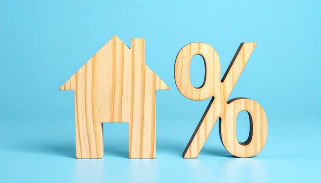 Wooden house cutout standing next to a wooden percentage symbol on a vibrant blue background