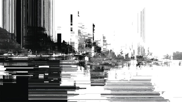 Glitchy cityscape with distorted buildings and lines  urban landscape