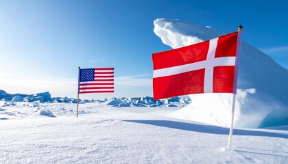 United States and Denmark national flags planted in a vast, snow-covered Arctic landscape with icebergs