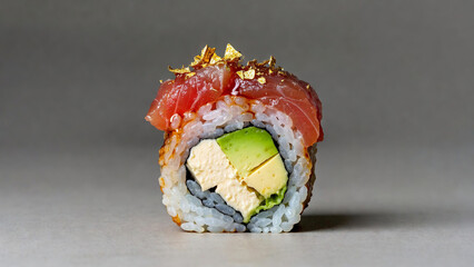 Gourmet sushi rolls with fresh salmon avocado and fish roe topping
