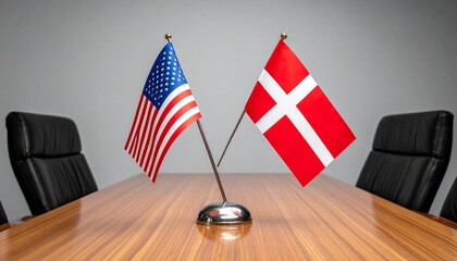 United States and Denmark miniature desk flags centered on a long wooden boardroom table in a professional conference room