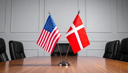 United States and Denmark miniature desk flags centered on a long wooden boardroom table in a professional conference room