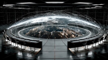 A futuristic conference room, featuring a global network projection encompassing the Earth, surrounded by high-tech tables and chairs.