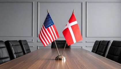 United States and Denmark miniature desk flags centered on a long wooden boardroom table in a professional conference room