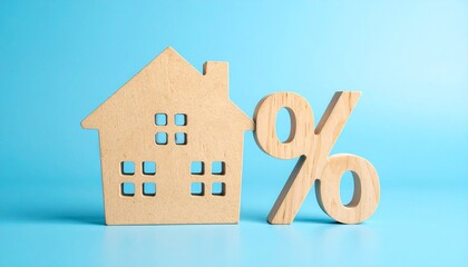 Wooden house cutout standing next to a wooden percentage symbol on a vibrant blue background