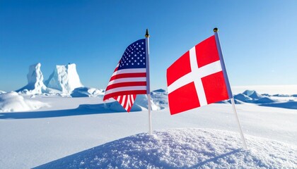 United States and Denmark national flags planted in a vast, snow-covered Arctic landscape with icebergs