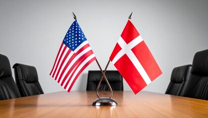 United States and Denmark miniature desk flags centered on a long wooden boardroom table in a professional conference room