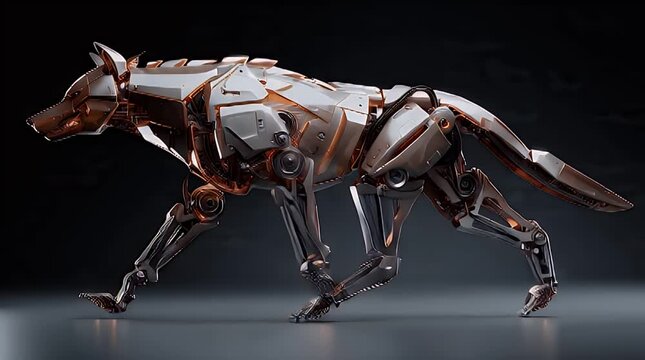 A futuristic robotic canine with metallic body and glowing orange circuits