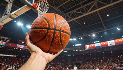 First-person perspective of a hand holding a basketball inside a packed professional sports arena with bright stadium lights