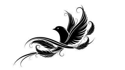 Fototapeta premium Majestic Stylized Black Phoenix or Firebird with Ornate Feathery Wings and Tail, isolated white background.