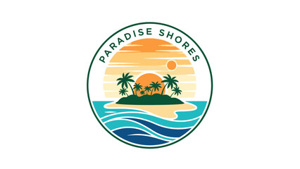Tropical Island Paradise Shores Logo with Palm Trees, Ocean, and Sunset in Circle Frame, isolated white background. © Joyo