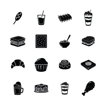 Black silhouette icons representing a diverse range of popular snacks, meals, and beverages