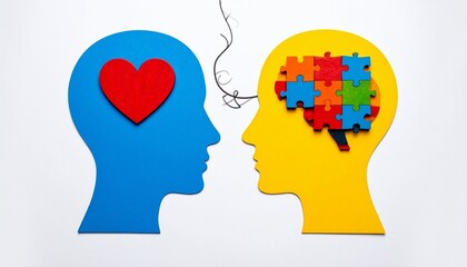 Human Profile Silhouettes with Heart and Puzzle Brain Representing Emotional Intelligence and Mental Health