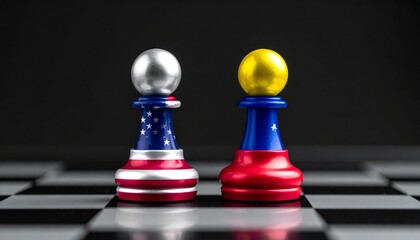 USA and Venezuela Flag Chess Pawns on Board Representing Geopolitical Strategy and Diplomacy