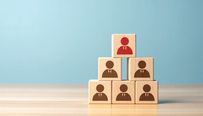 Wooden Block Pyramid with Red Leader Icon Standing Out from the Team on Blue Background
