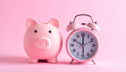 Pink Piggy Bank and Alarm Clock on Pink Background Representing Time Management and Financial Savings